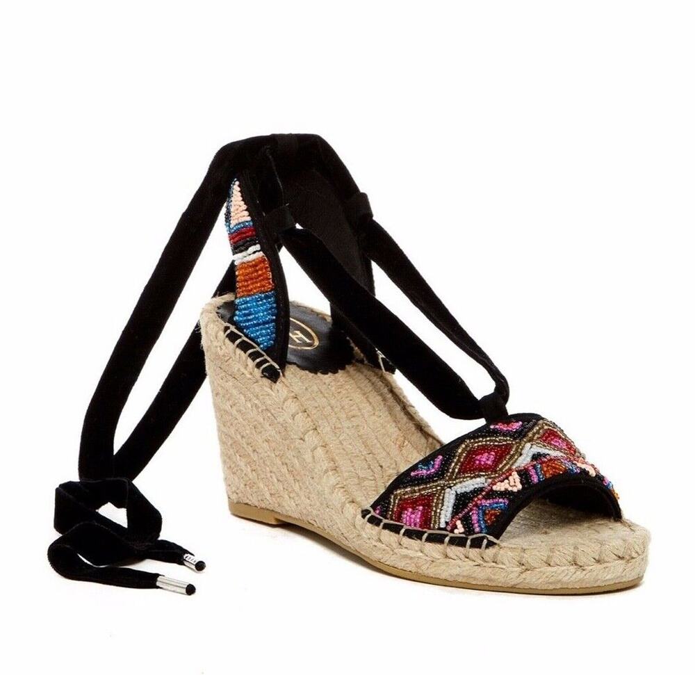 ASH Paola Espadrille Black Multi Beaded Lace Up Wedge Open Sandals Shoes 36 $198